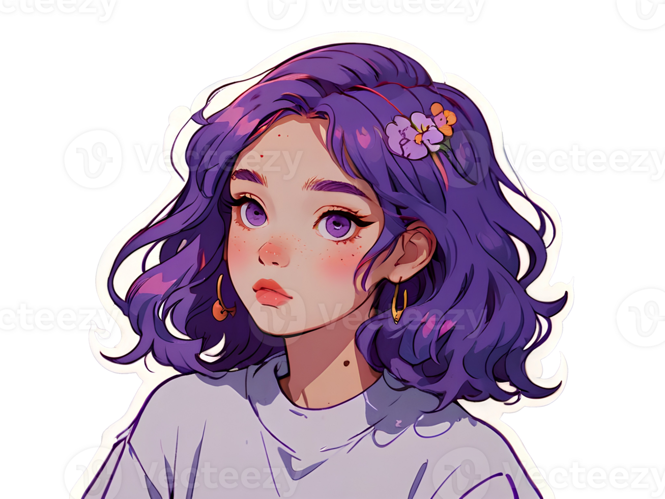 Beautiful young anime girl with purple hair and purple eyes isolated sticker with white border png