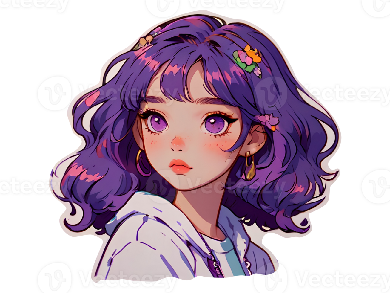 Beautiful young anime girl with purple hair and purple eyes isolated sticker with white border png