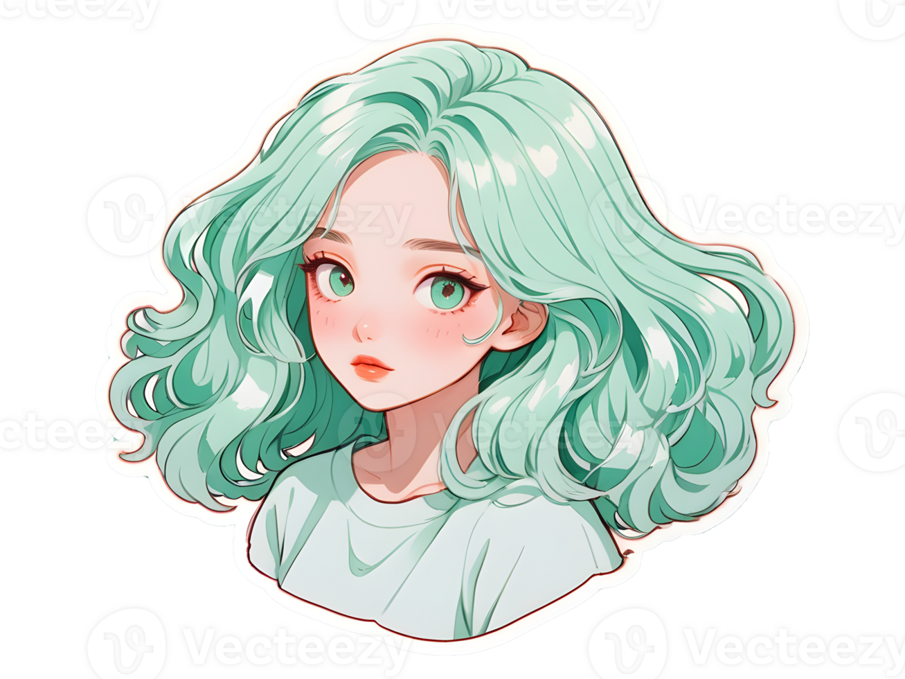 Beautiful cartoon anime girl with mint curly hair and green eyes sticker with white border png