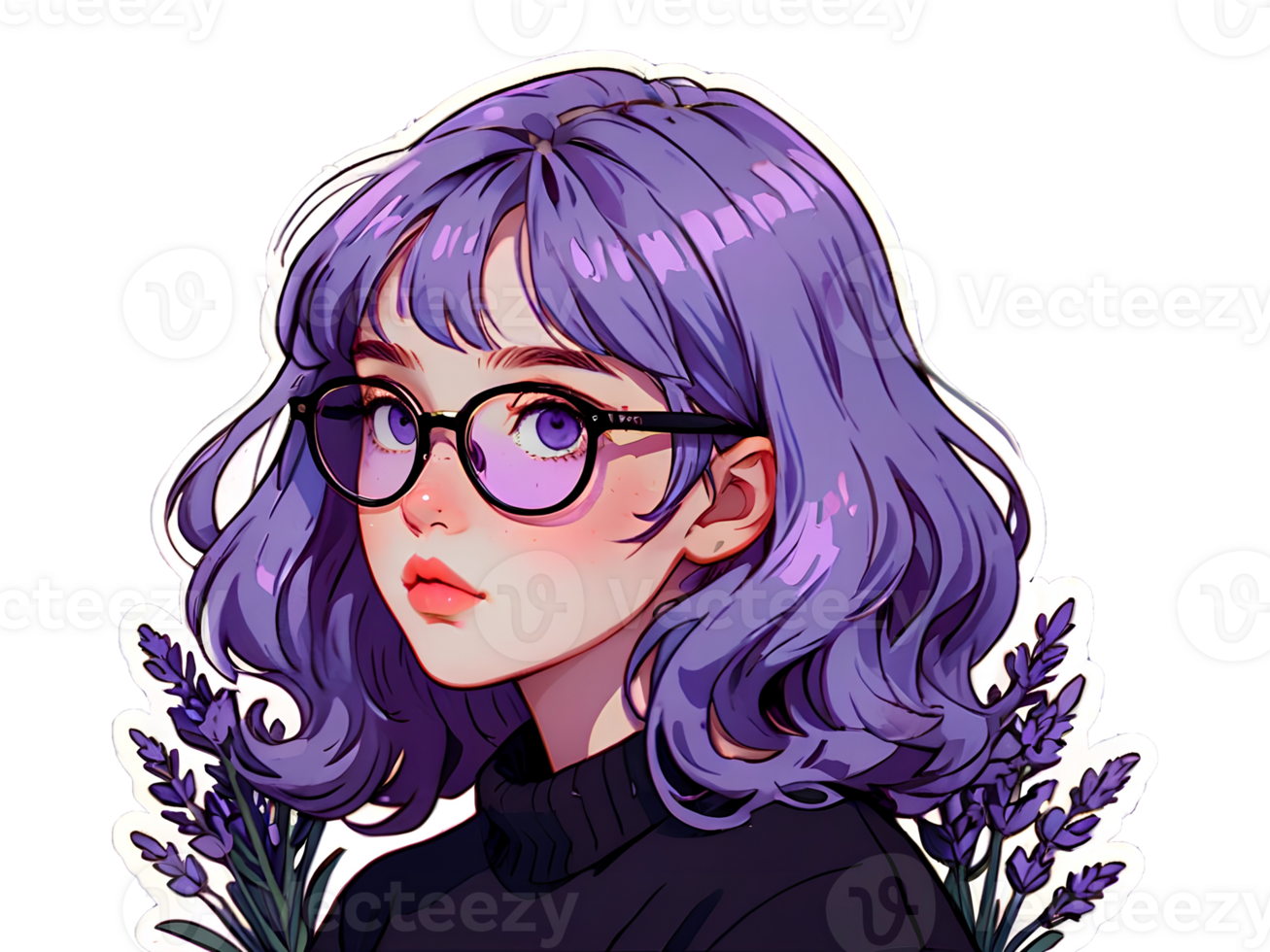 Beautiful cartoon anime girl with light purple curly hair and purple eyes in glasses sticker with white border png