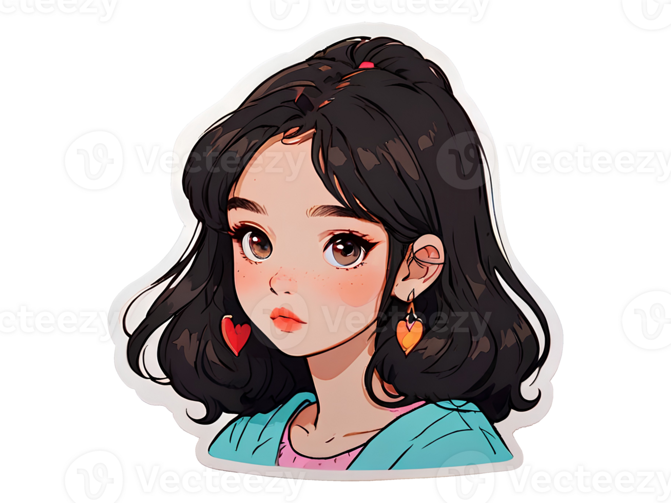 Beautiful young anime girl character with dark hair and brown eyes isolated sticker with white border png