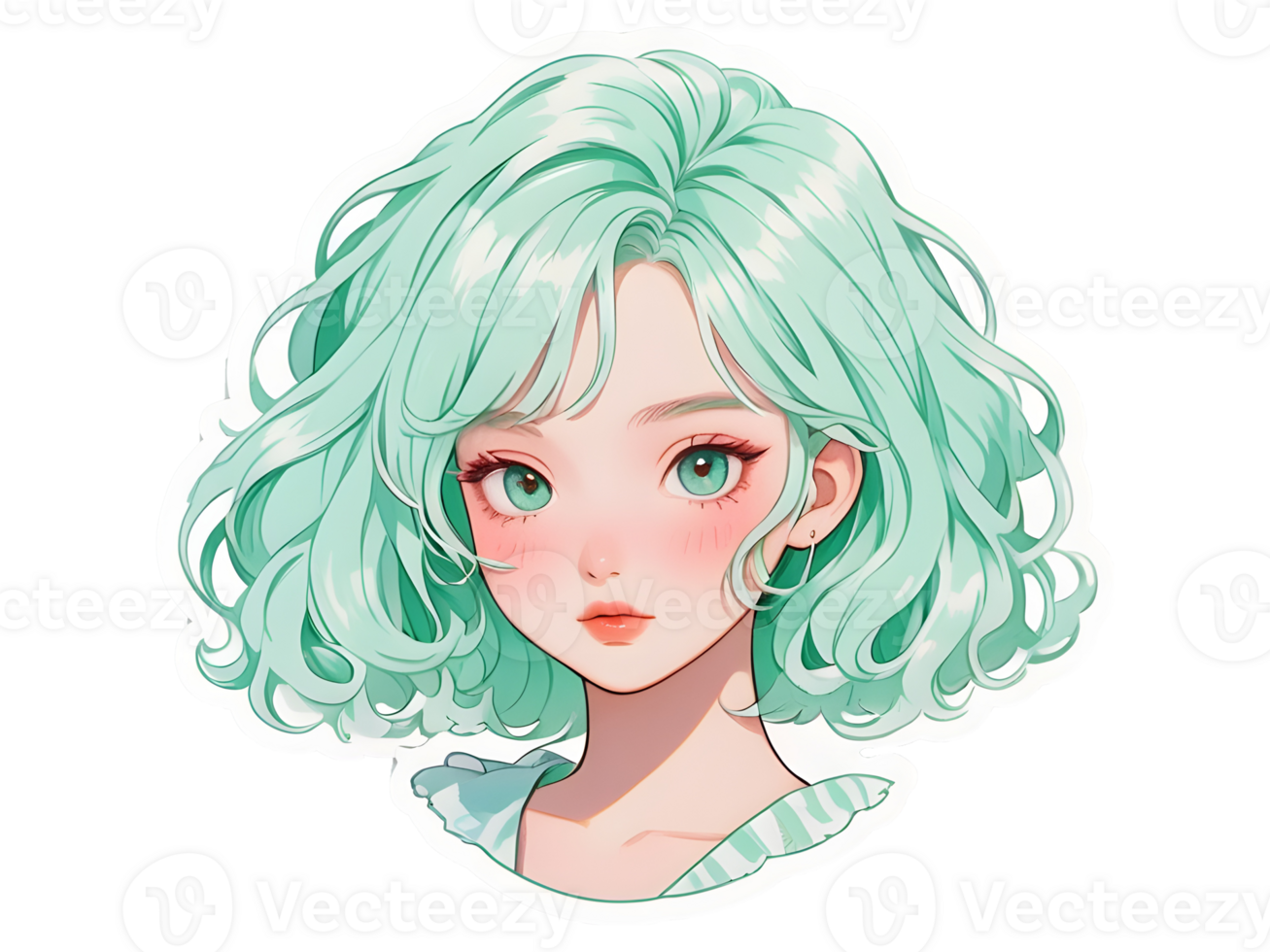 Beautiful cartoon anime girl with mint curly hair and green eyes sticker with white border png