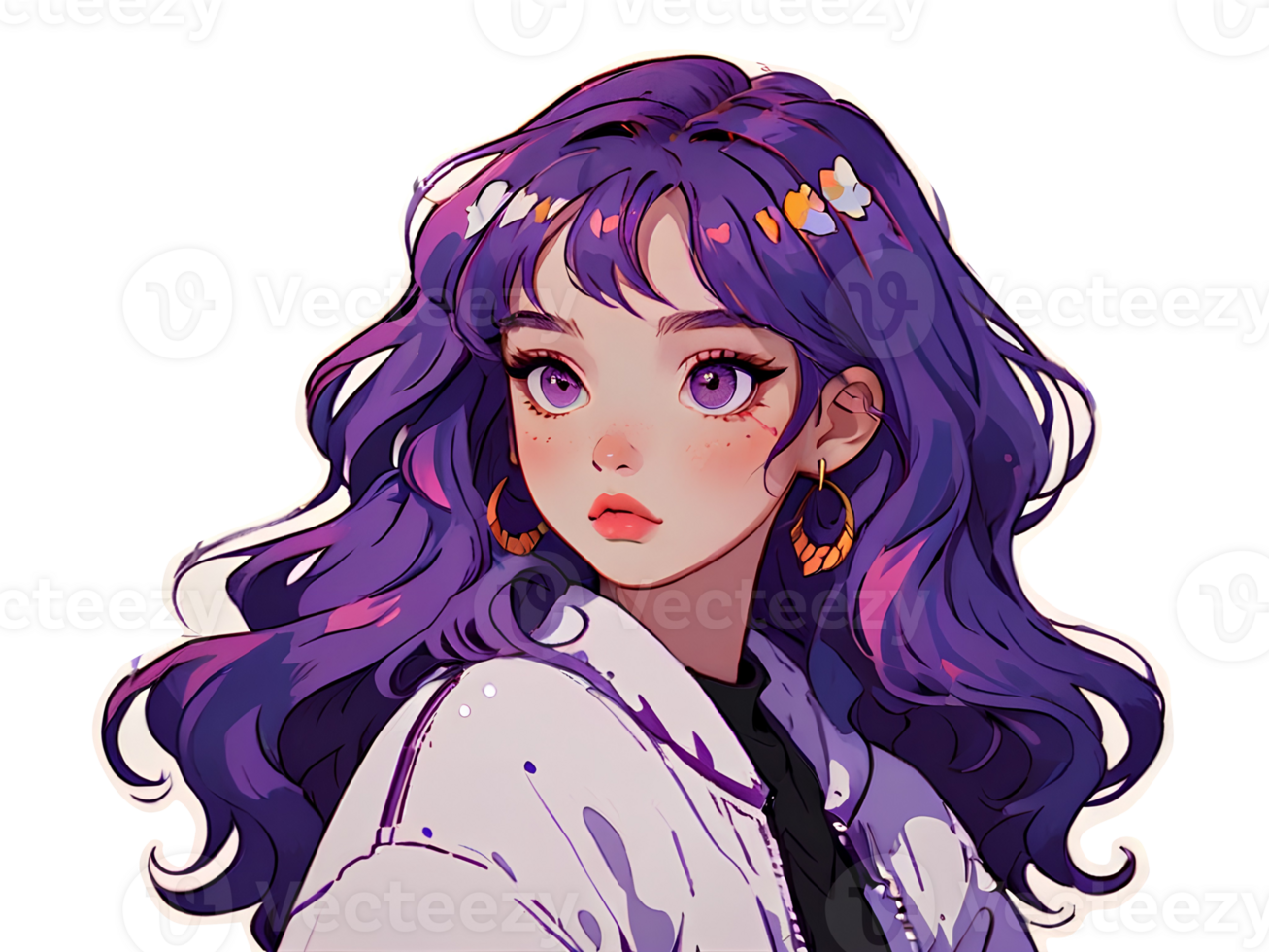 Beautiful young anime girl with purple hair and purple eyes isolated sticker with white border png