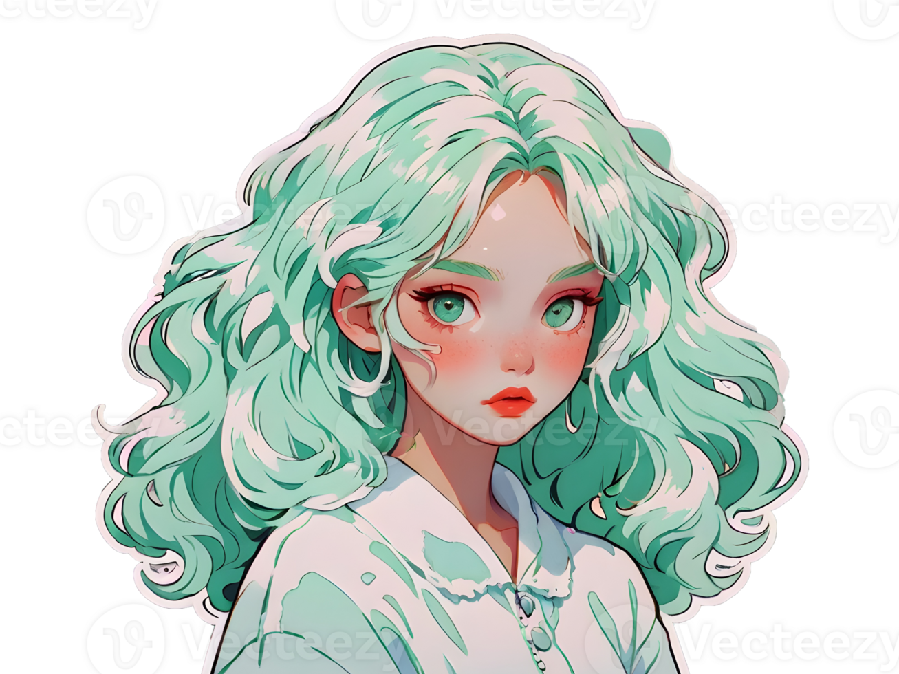 Beautiful cartoon anime girl with mint curly hair and green eyes sticker with white border png