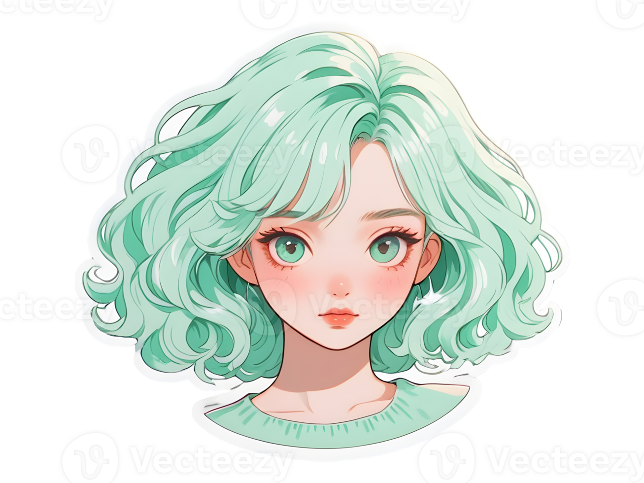 Beautiful cartoon anime girl with mint curly hair and green eyes sticker with white border png