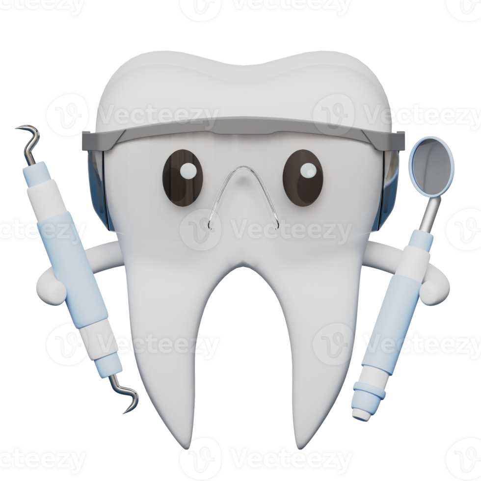 tekenfilm menselijk tand met beschermend bril Holding tandarts gereedschap 3d icoon stomatologie en tandheelkunde concept png