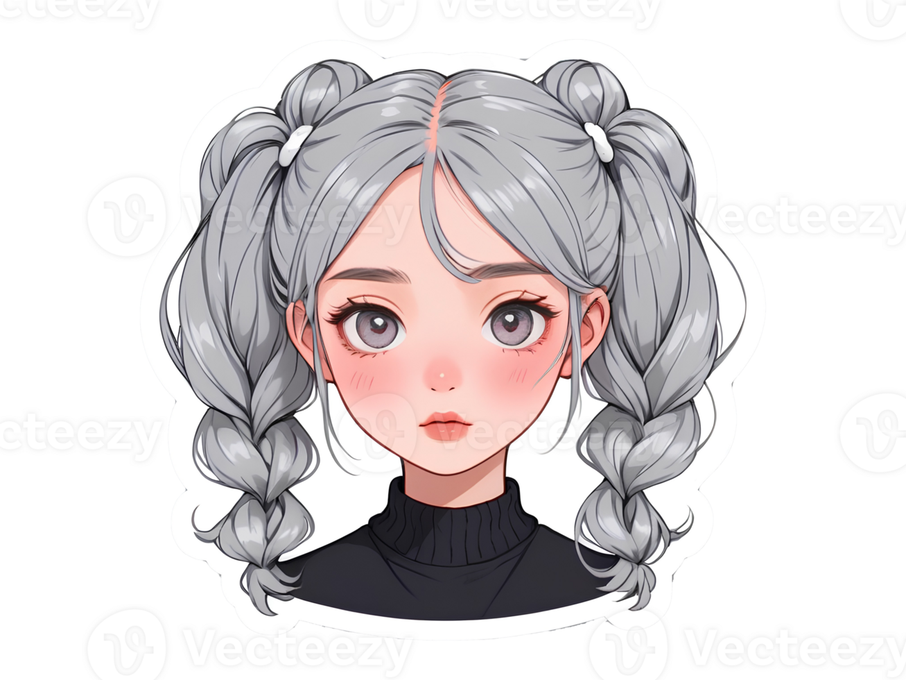 Beautiful cartoon anime girl with gray curly hair and gray eyes sticker with white border png