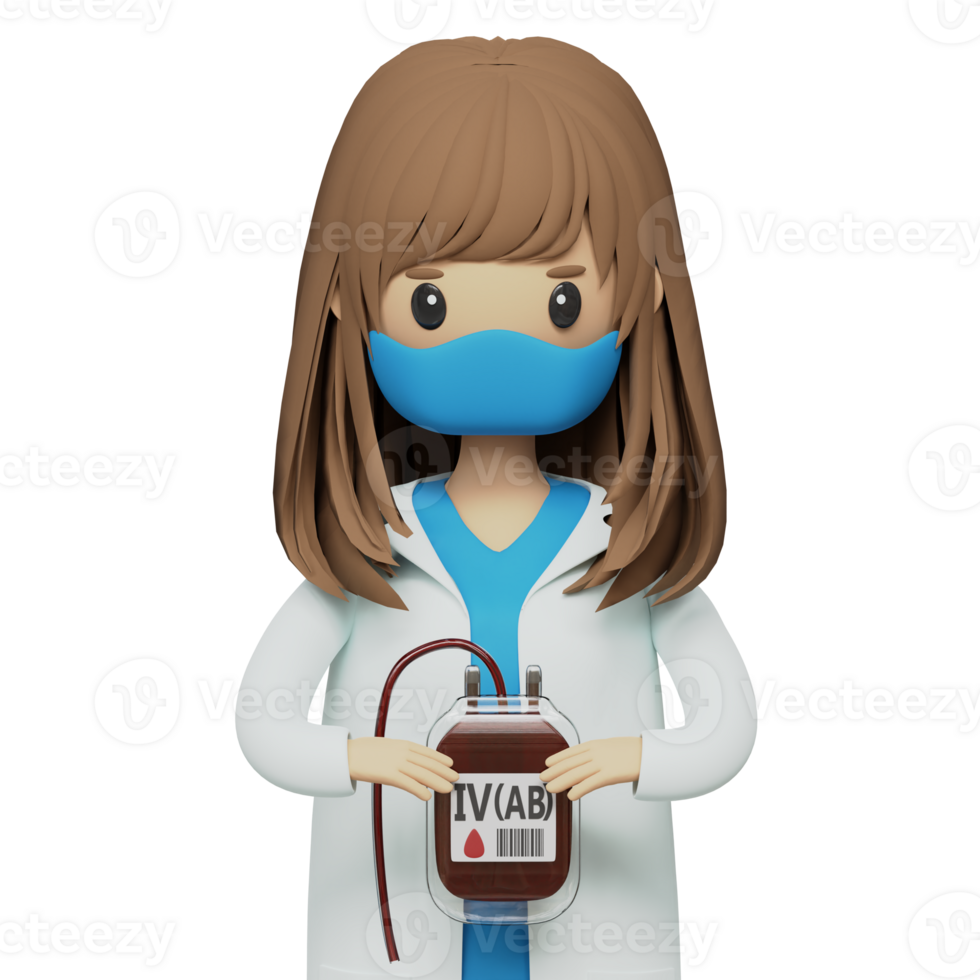 Female doctor in medical attire holding bag with blood world donor day concept png