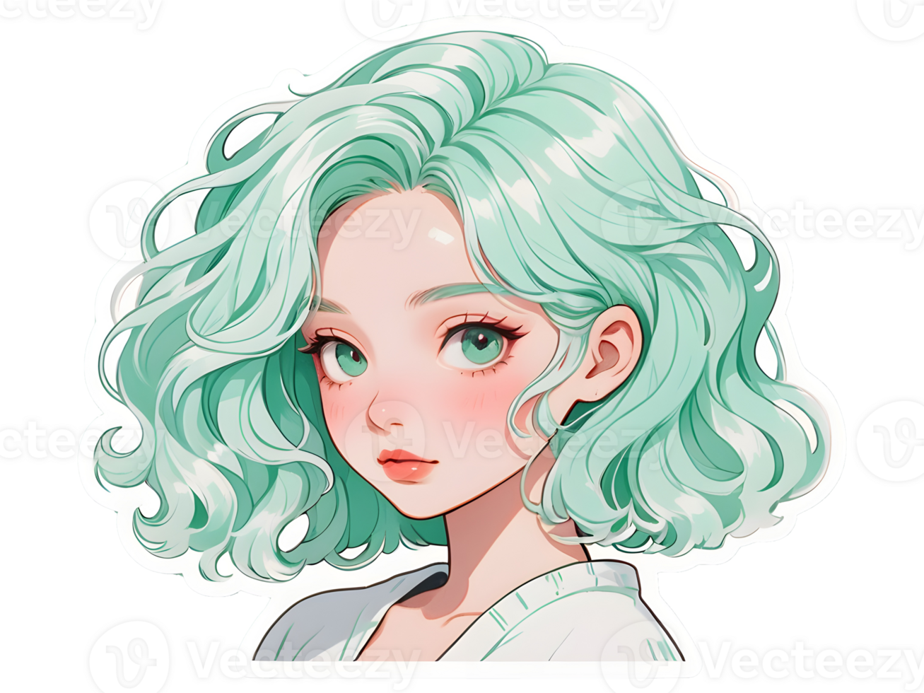 Beautiful cartoon anime girl with mint curly hair and green eyes sticker with white border png