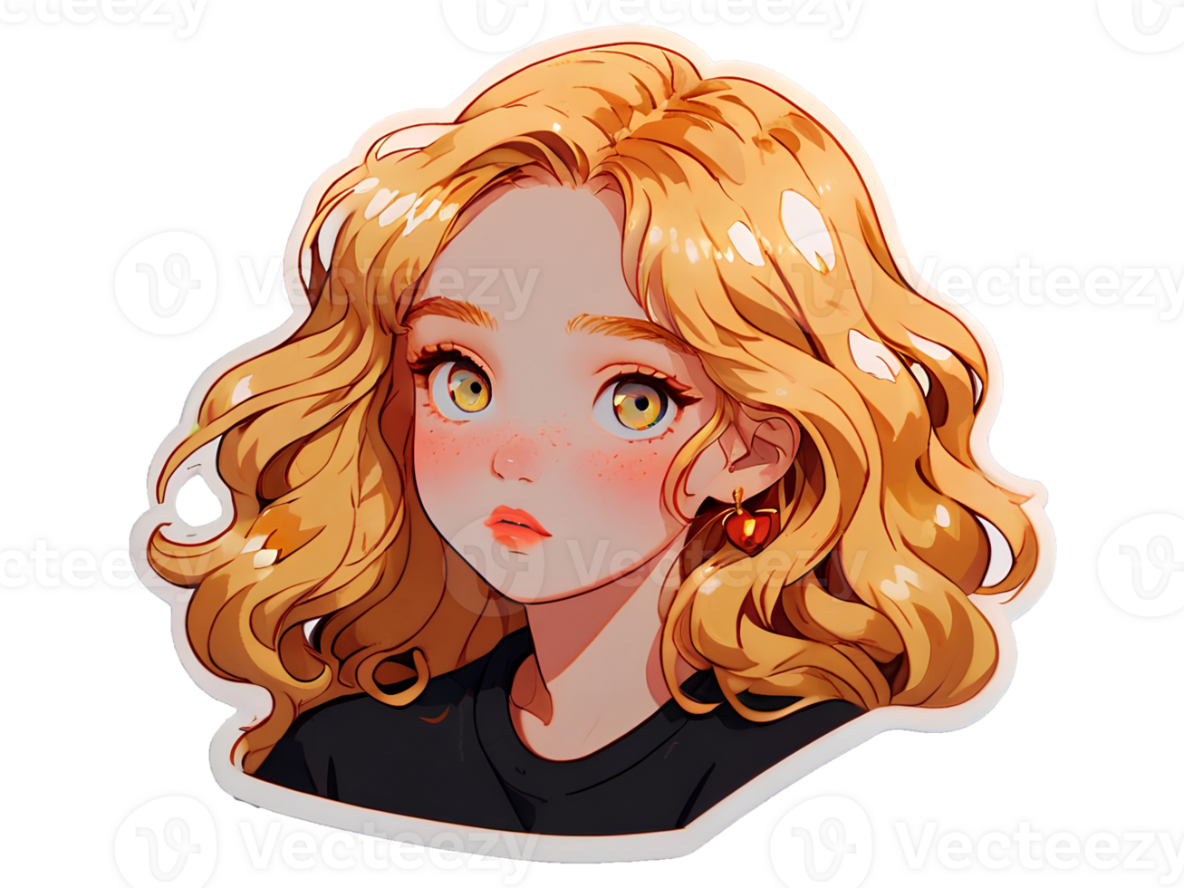 Beautiful cartoon anime girl with golden curly hair sticker with white border png