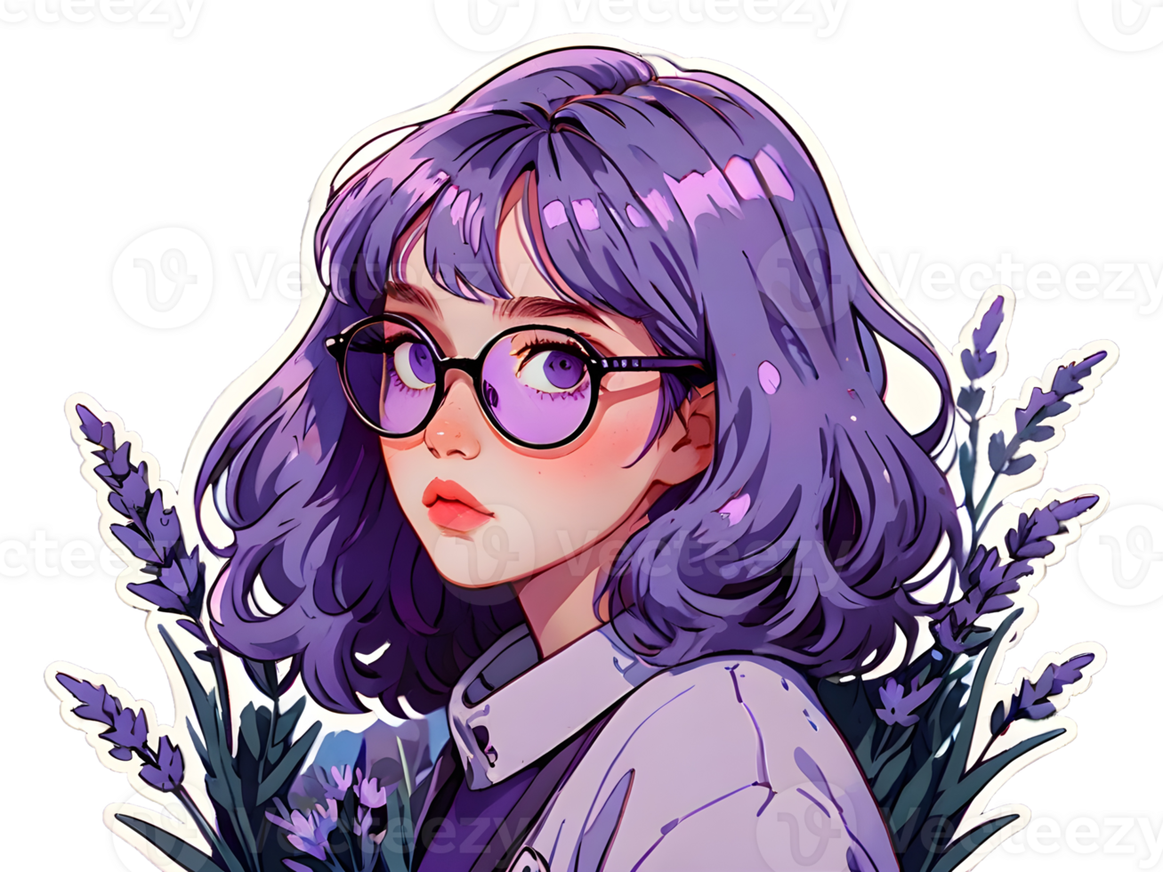 Beautiful cartoon anime girl with light purple curly hair and purple eyes in glasses sticker with white border png