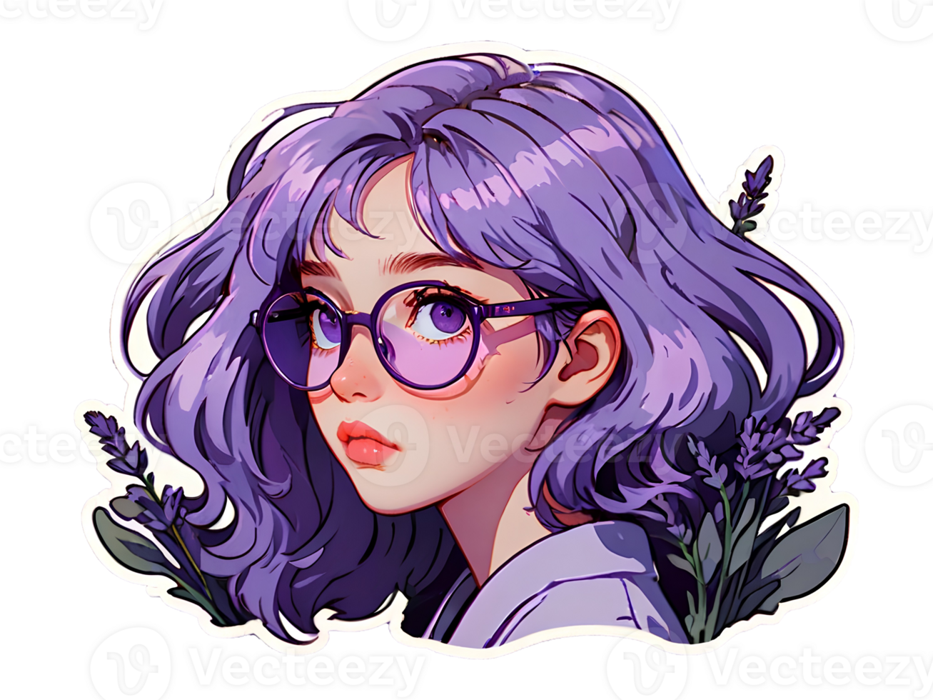 skön tecknad serie anime flicka med ljus lila lockigt hår och lila ögon i glasögon klistermärke med vit gräns png