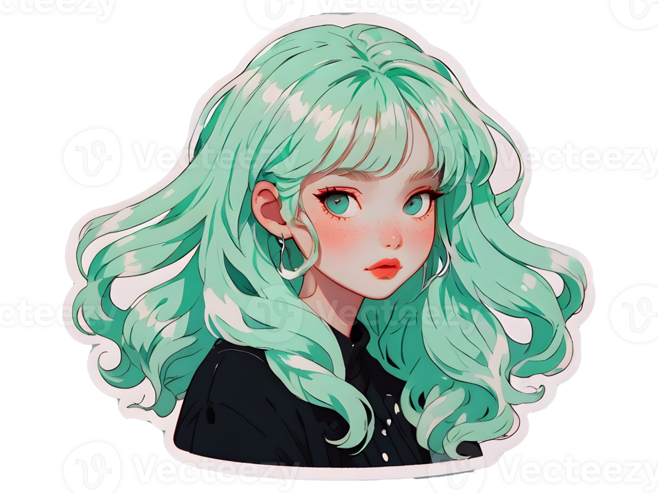 Beautiful cartoon anime girl with mint curly hair and green eyes sticker with white border png