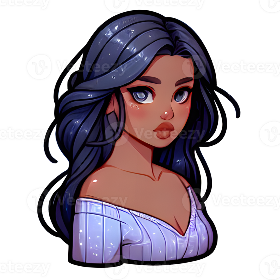 Sticker of beautiful cartoon girl with long dark hair png