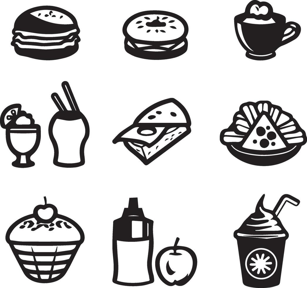 Food icons set. Collection vector black outline logo white background