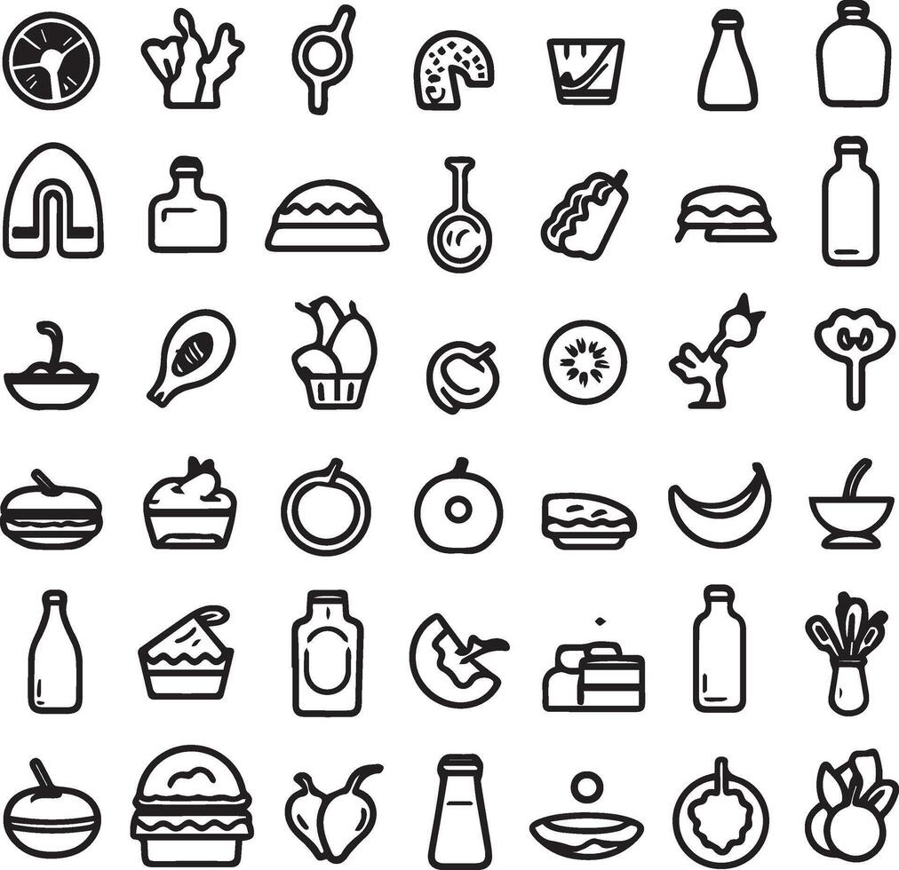 Food icons set. Collection vector black outline logo white background