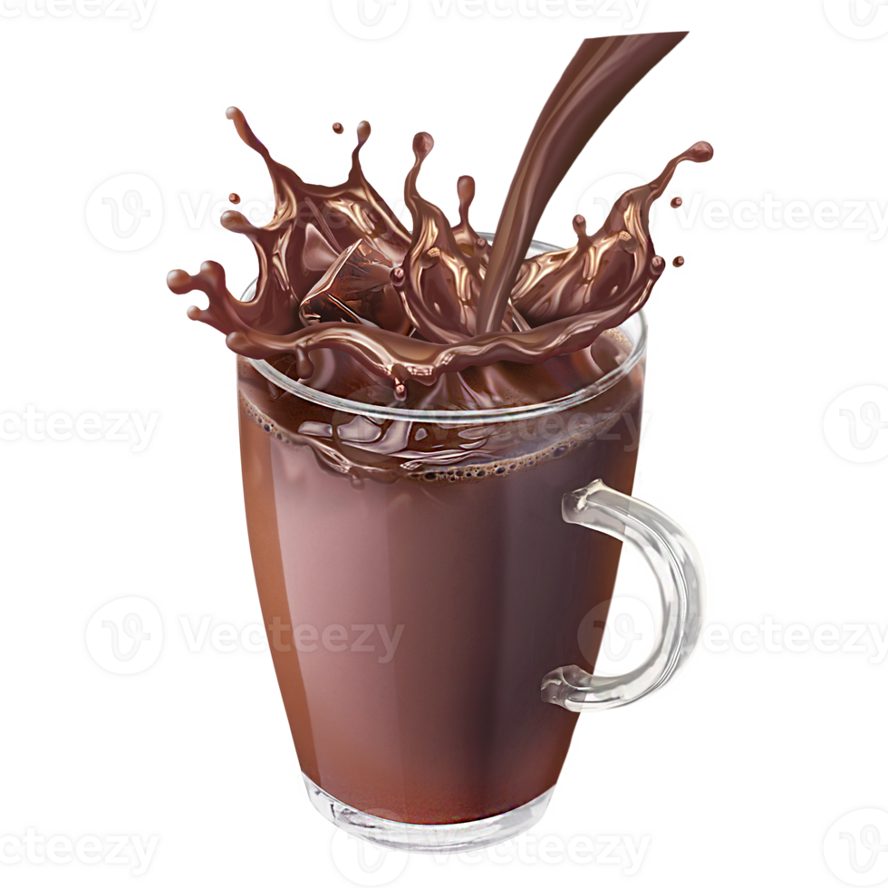Splash chocolate in the glass on transparent background. Chocolate in the glass PNG transparent background