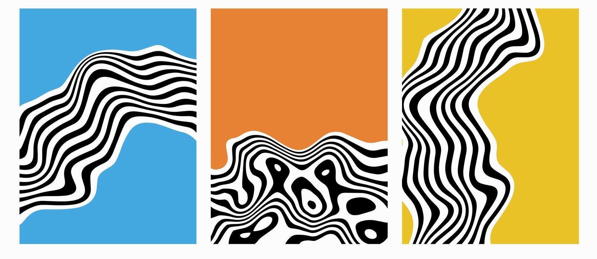 Set of vertical abstract posters with wavy stripes and liquid. Optical illusion backgrounds. Fluid stipes at. Swiss design vector