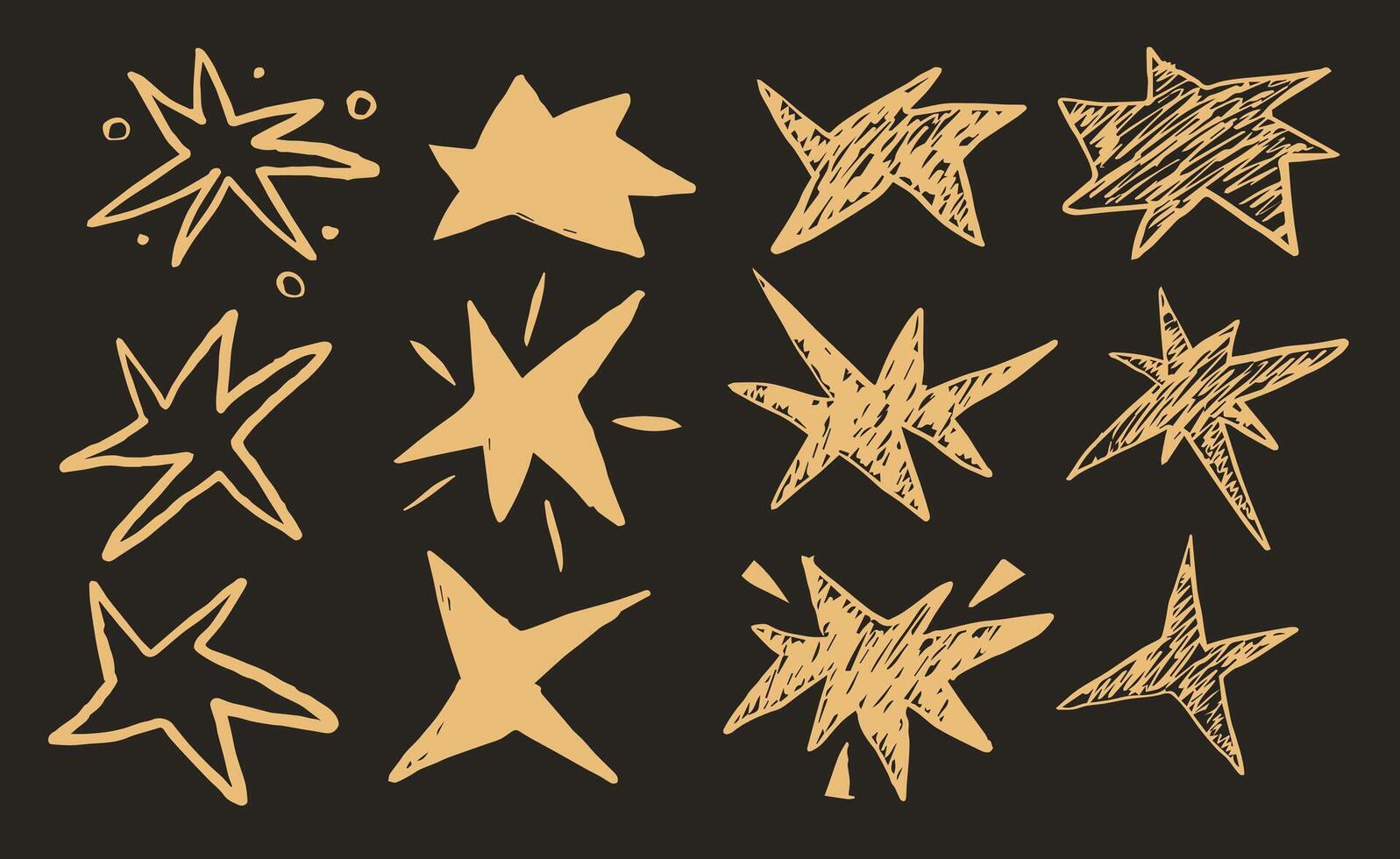 Hand-drawn textured star shapes. Spiked Grunge charcoal scrawl stars. Freehand crayon pencil starry elements. Vector illustration