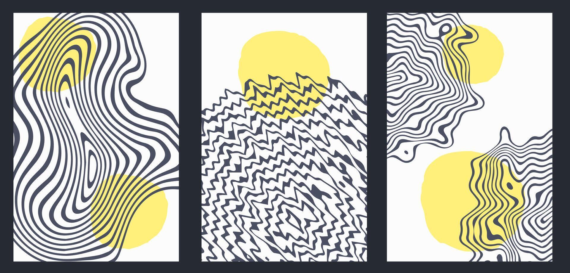 Abstract illusion optical postcards with wavy stripes and fluid. Background with sun and curve line. Wall art vector