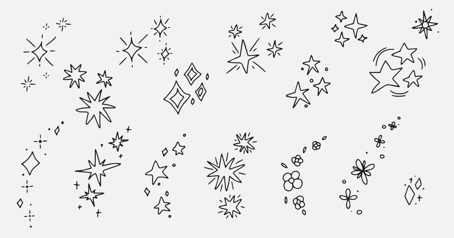 Set of doodle outline shine stars shape. Black line sparkles symbols vector. Bright firework decoration twinkle. Glowing light effect stars and bursts collection. vector