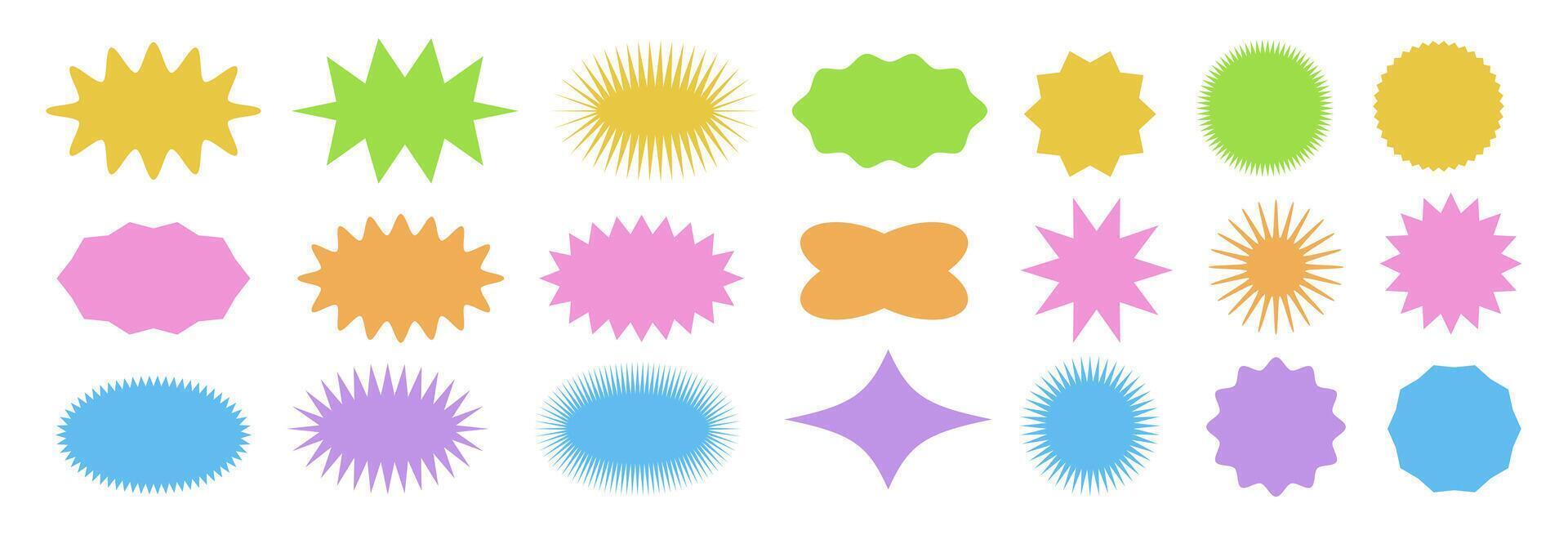 Set of multicolor star label sale. Starburst tags in retro style. Promo stickers with star edges. vector