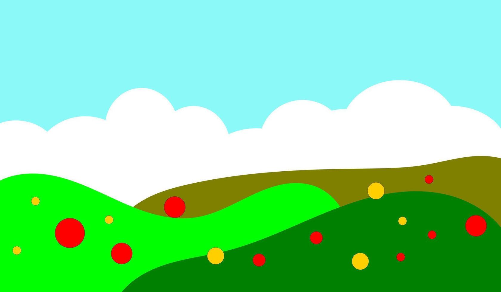 summer season colour with clouds, green colour on blue sky background. Green nature landscape vector