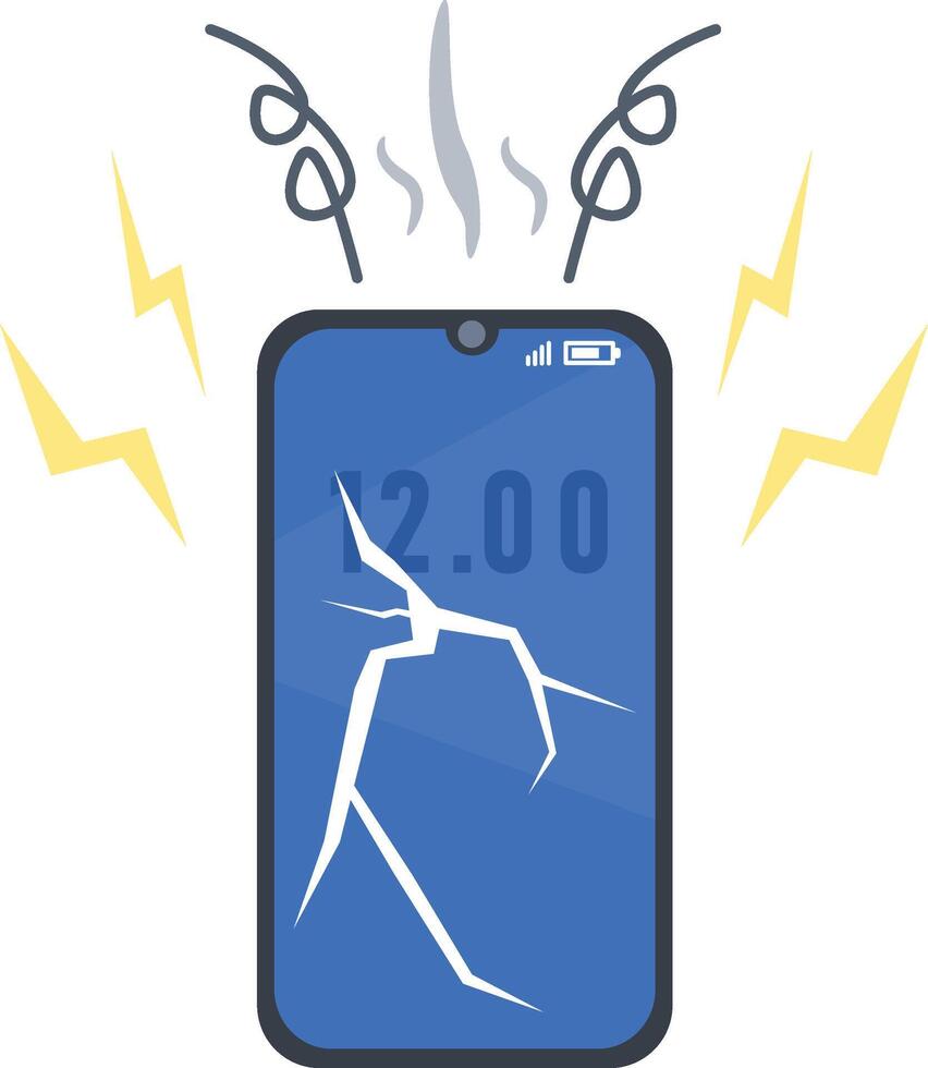 a broken cell phone with a lightning bolt coming out of it vector