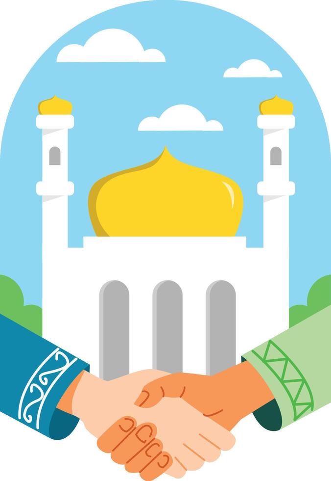 two hands shaking hands in front of a mosque vector