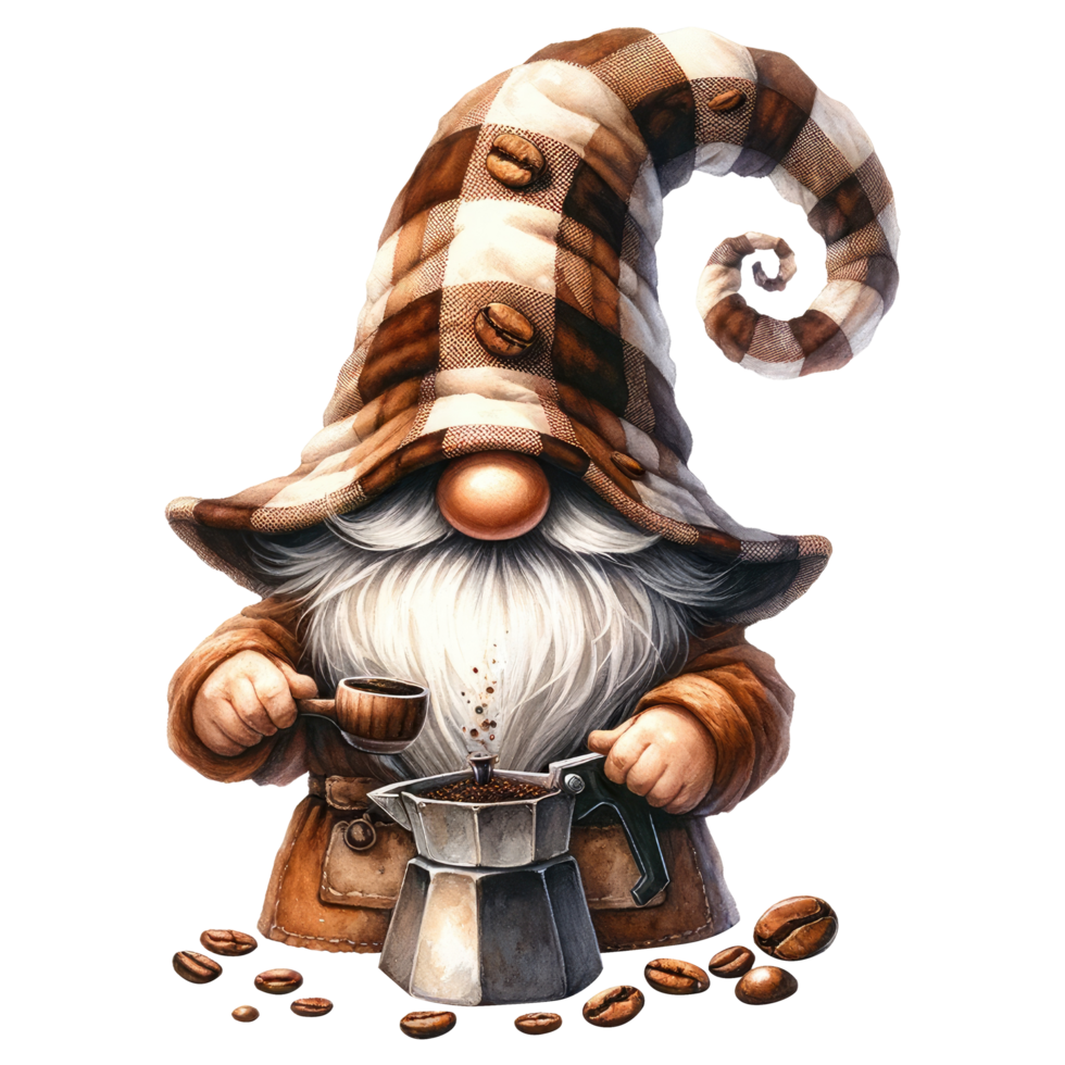 AI generated Coffee Lover Gnome Illustration with Beans. png