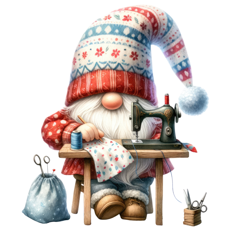 ai généré couture gnome avec ancien couture machine illustration. png