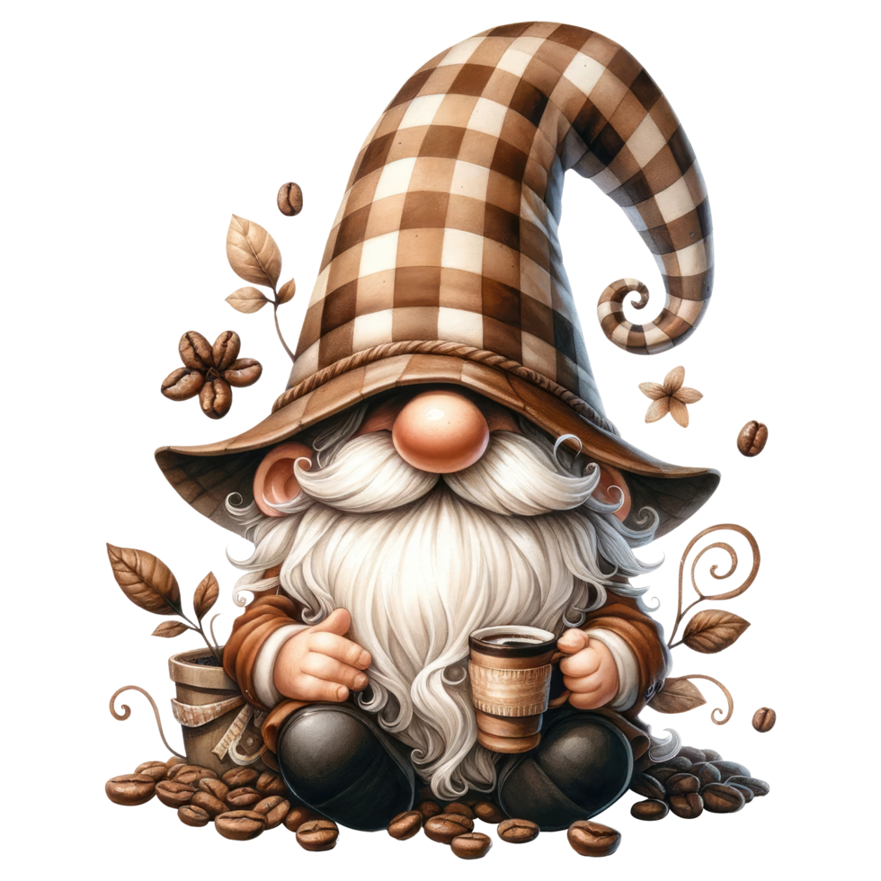 AI generated Coffee Lover Gnome Illustration with Beans. png