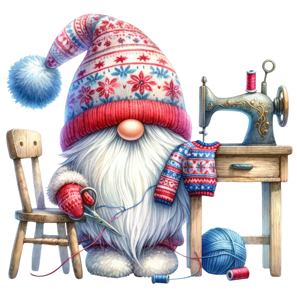 AI generated Sewing Gnome with Vintage Sewing Machine Illustration. png