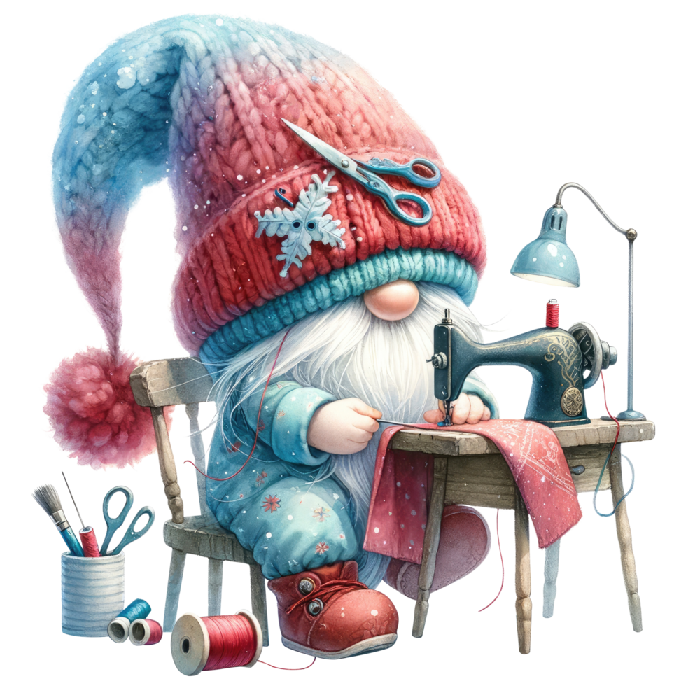 AI generated Sewing Gnome with Vintage Sewing Machine Illustration. png