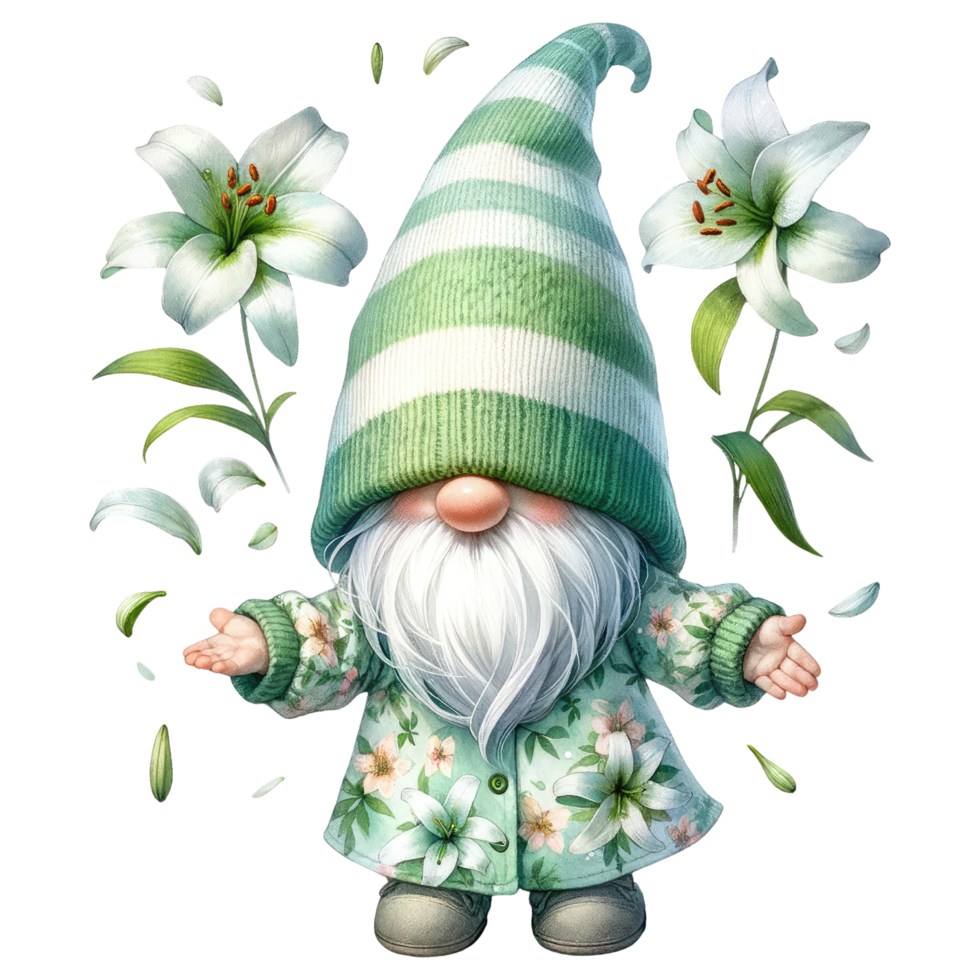 AI generated Gnome with Lilies Illustration in Green Tones. png