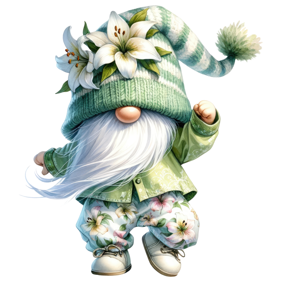 AI generated Gnome with Lilies Illustration in Green Tones. png