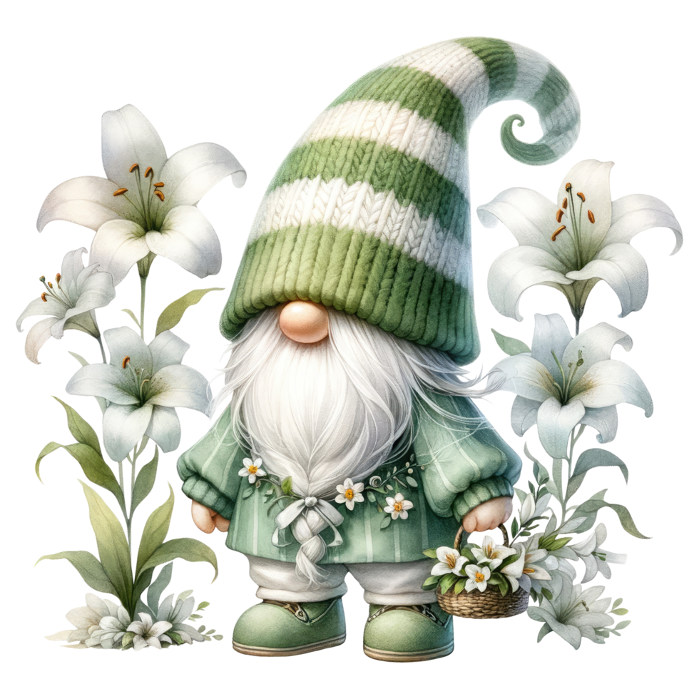 AI generated Gnome with Lilies Illustration in Green Tones. png