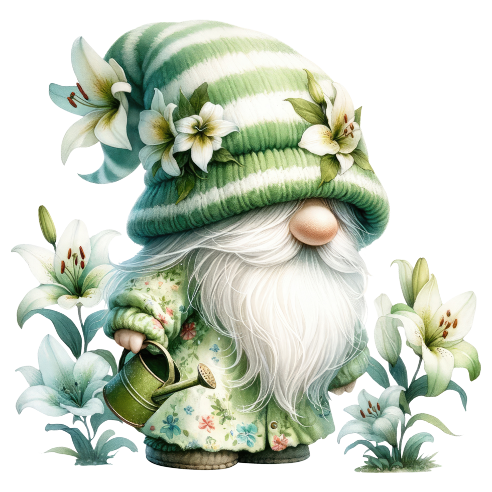 AI generated Gnome with Lilies Illustration in Green Tones. png