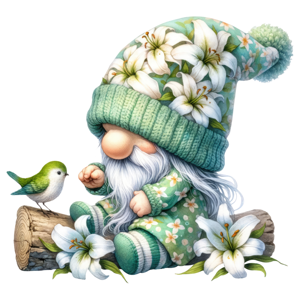 AI generated Gnome with Lilies Illustration in Green Tones. png