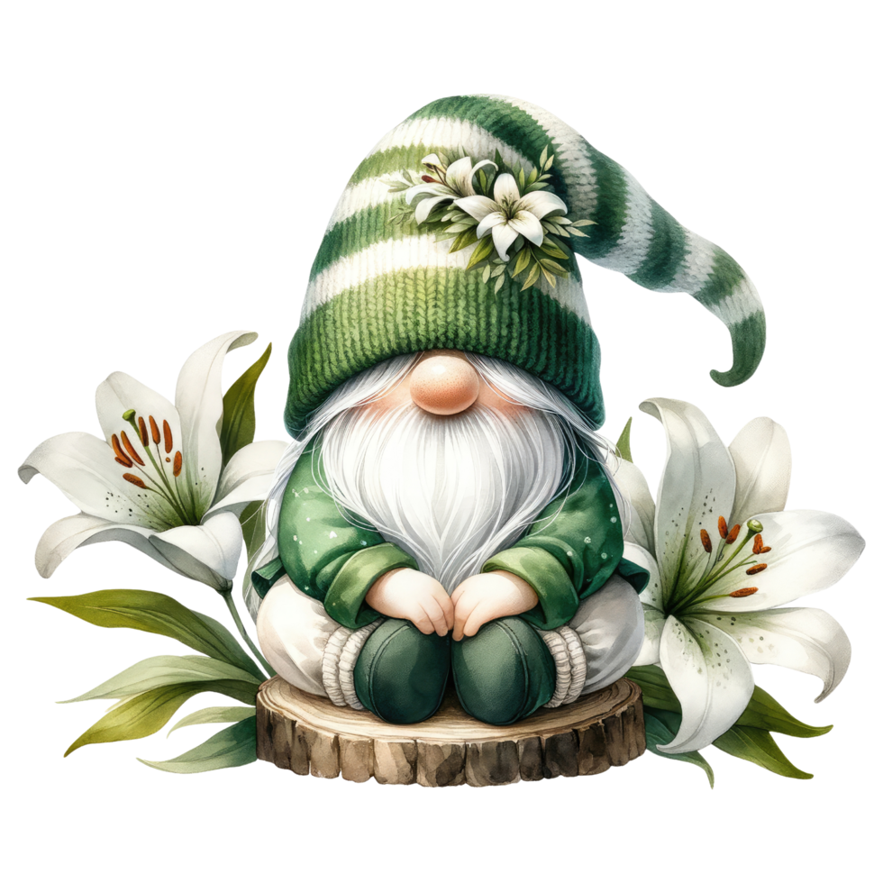 AI generated Gnome with Lilies Illustration in Green Tones. png