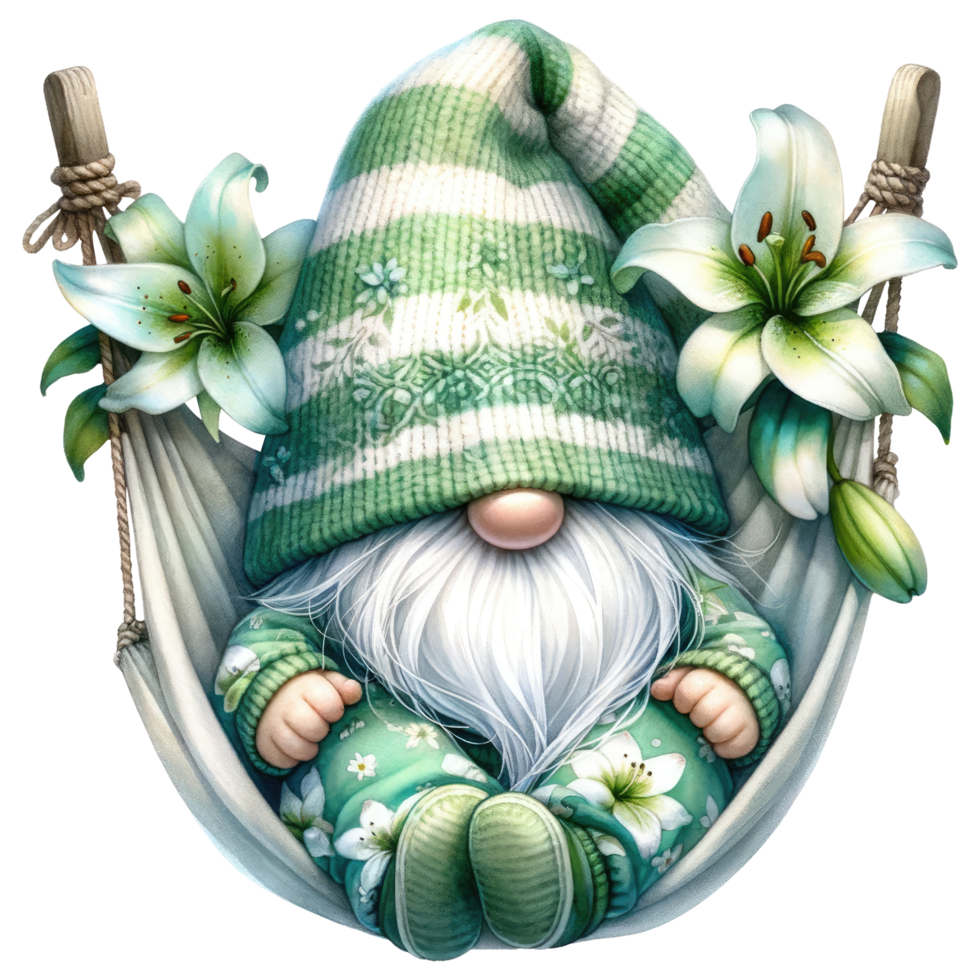 AI generated Gnome with Lilies Illustration in Green Tones. png