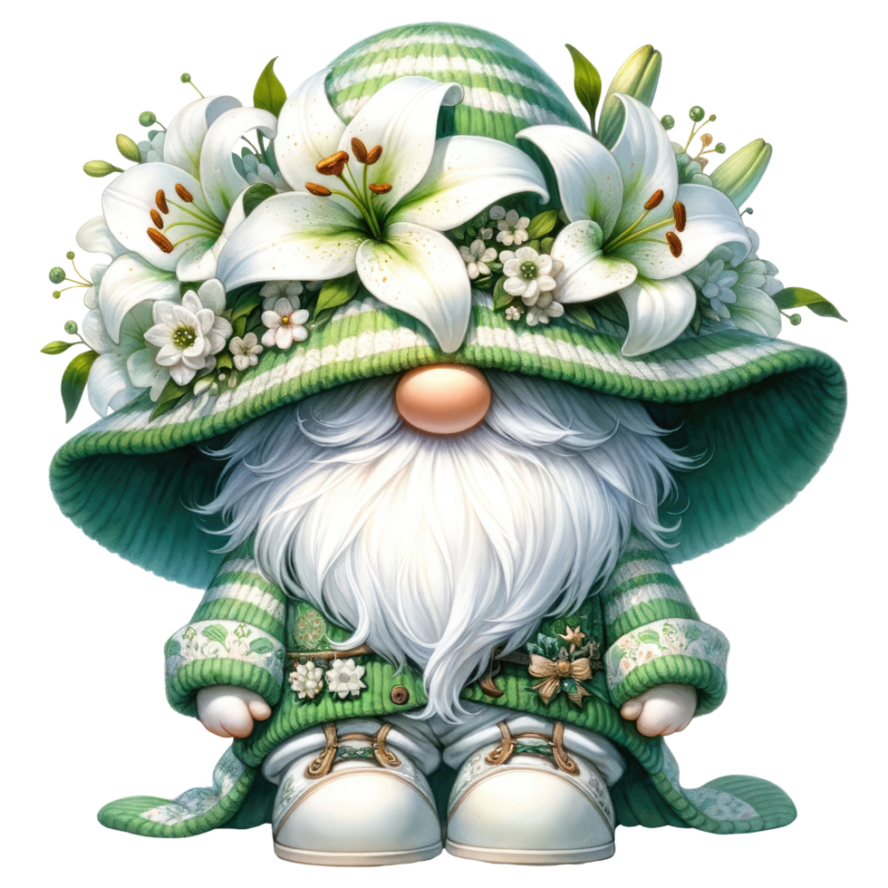 AI generated Gnome with Lilies Illustration in Green Tones. png
