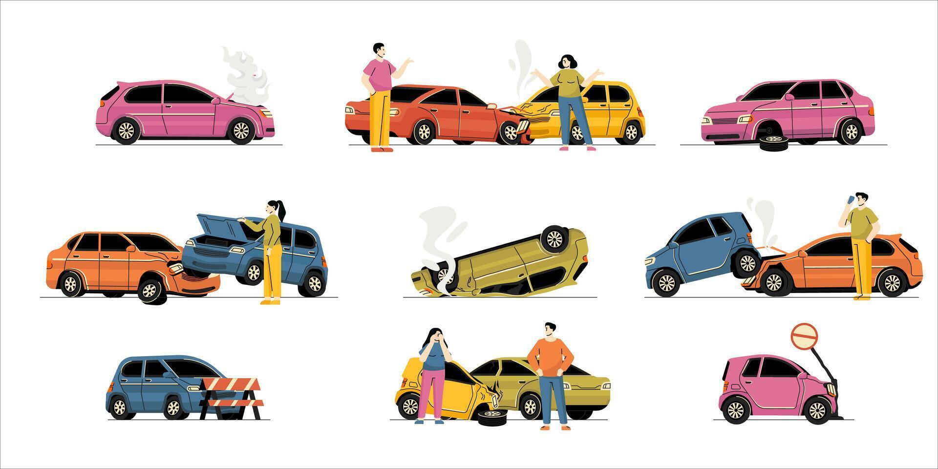 Cartoon car crash. Wrecked broken crashed vehicles on road, car accident with damage and driver injury. Vector isolated set