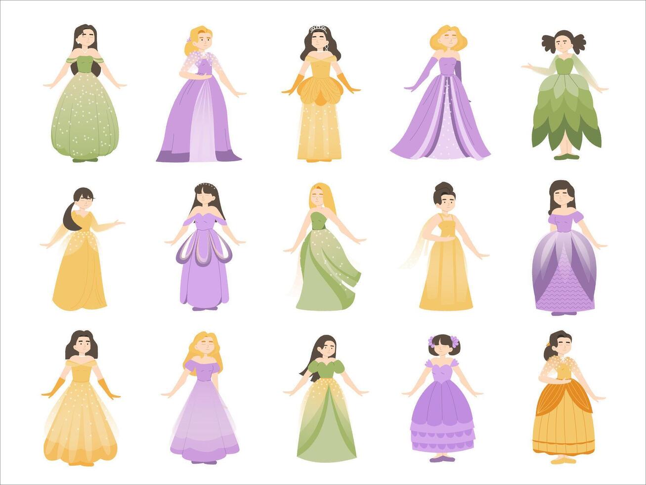 linda princesa personaje. dibujos animados hada cuento medieval muchachas con diferente pelo estilo y vestir arriba traje, fantasía realeza. vector aislado conjunto