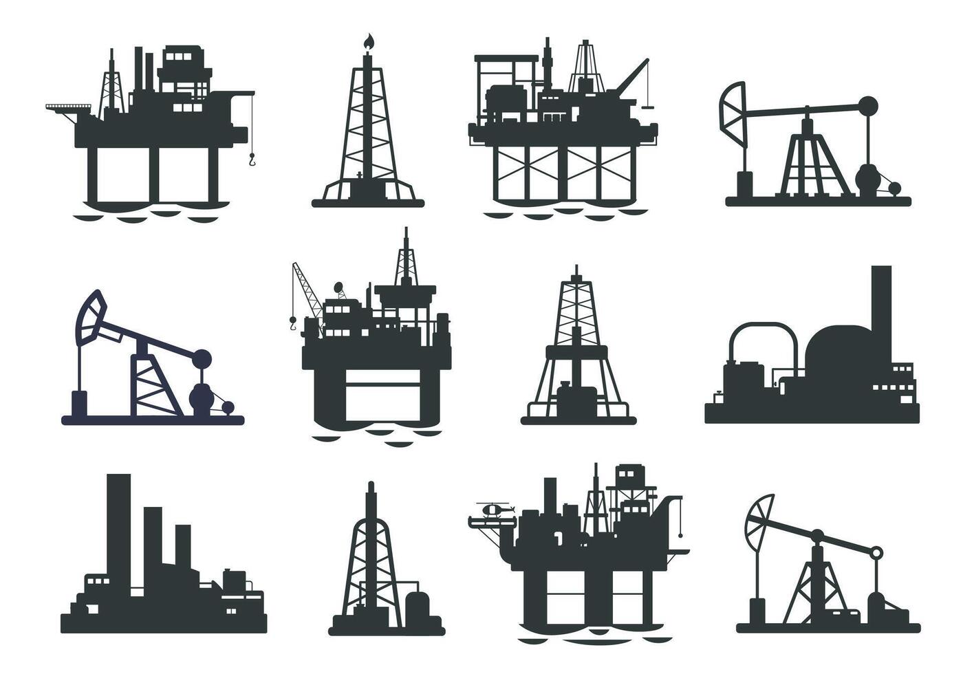 Oil platform silhouette. Offshore petroleum jack derrick tower, energy industry gas extraction plant, fuel production and transportation. Vector illustration