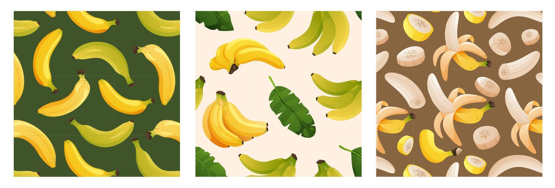 Banana pattern. Seamless print of tropical yellow fruit, ripe organic crop with green leaves, hand drawn exotic nature background. Vector texture set