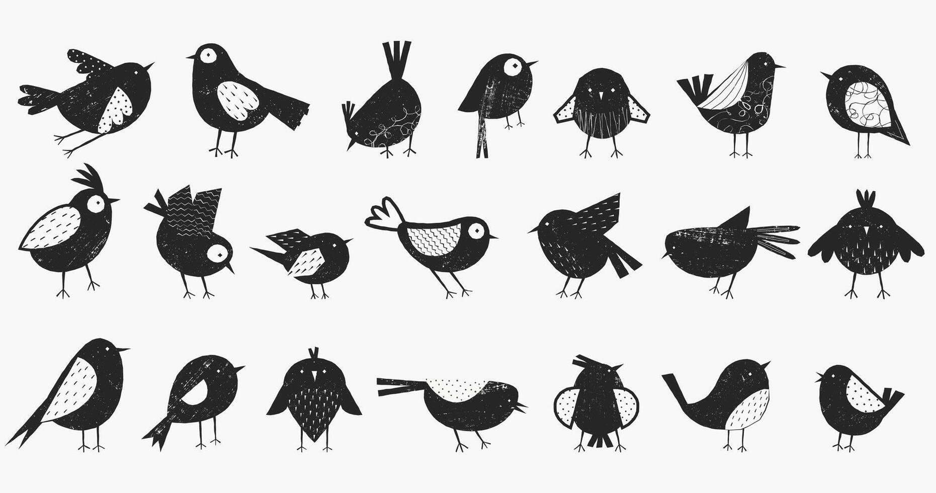 infantil negro aves. dibujos animados volador bebé aves siluetas, linda negro pájaro caracteres con blanco alas para niños diseño. vector aislado conjunto