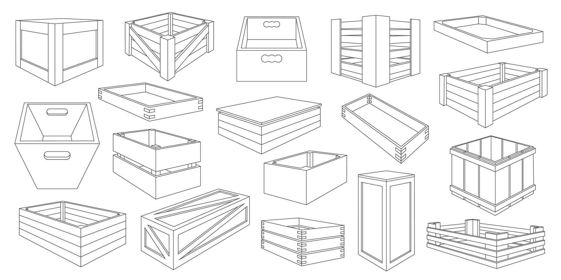 línea de madera cajas cerrado y abierto de madera caja paquete, tradicional de madera cesta y cajón para almacenamiento, de madera embalaje vector conjunto