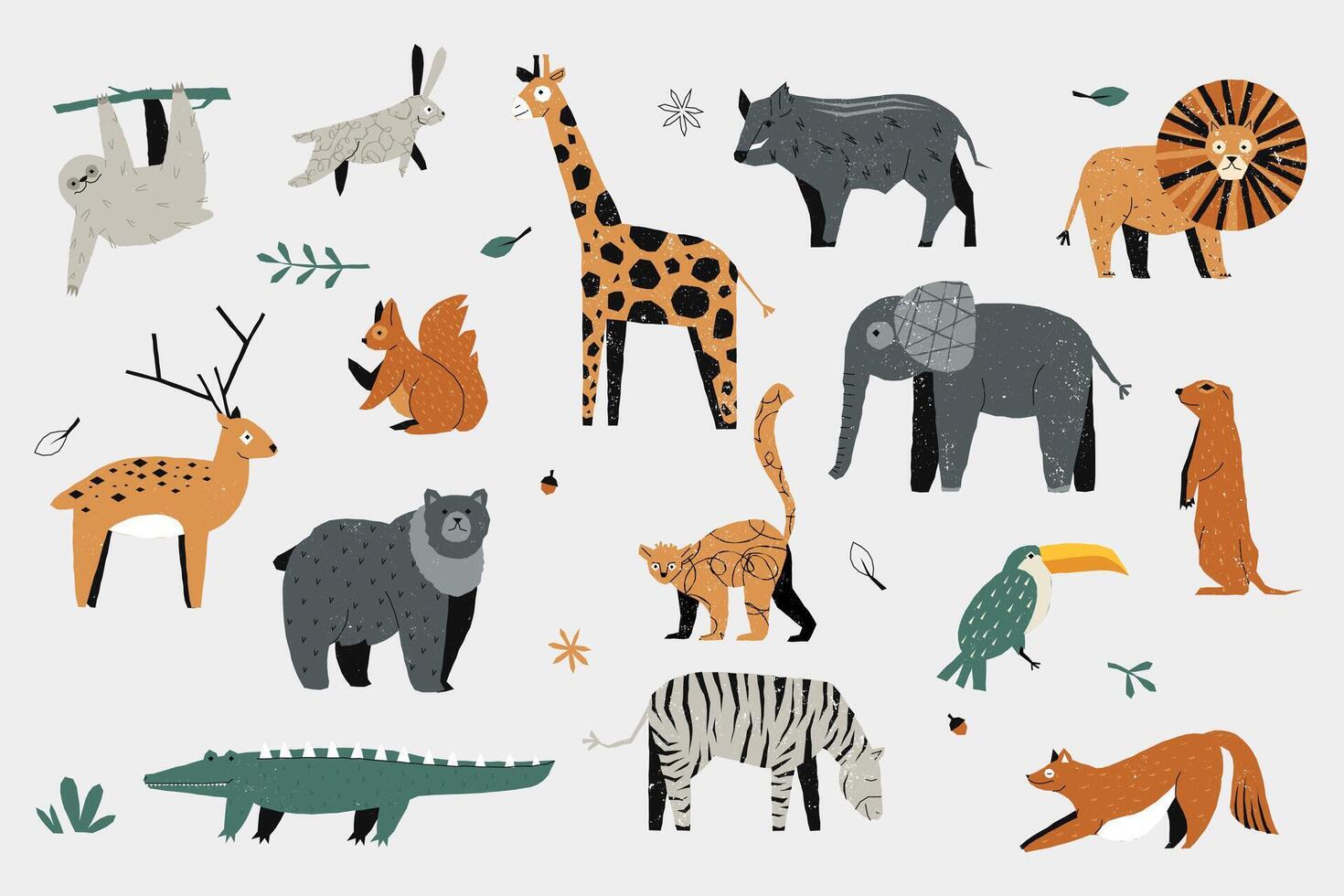 Cute trendy animals. Colorful hand drawn baby zoo wildlife, decorative cartoon giraffe lion elephant zebra hippo crocodile for kids design. Vector isolated set