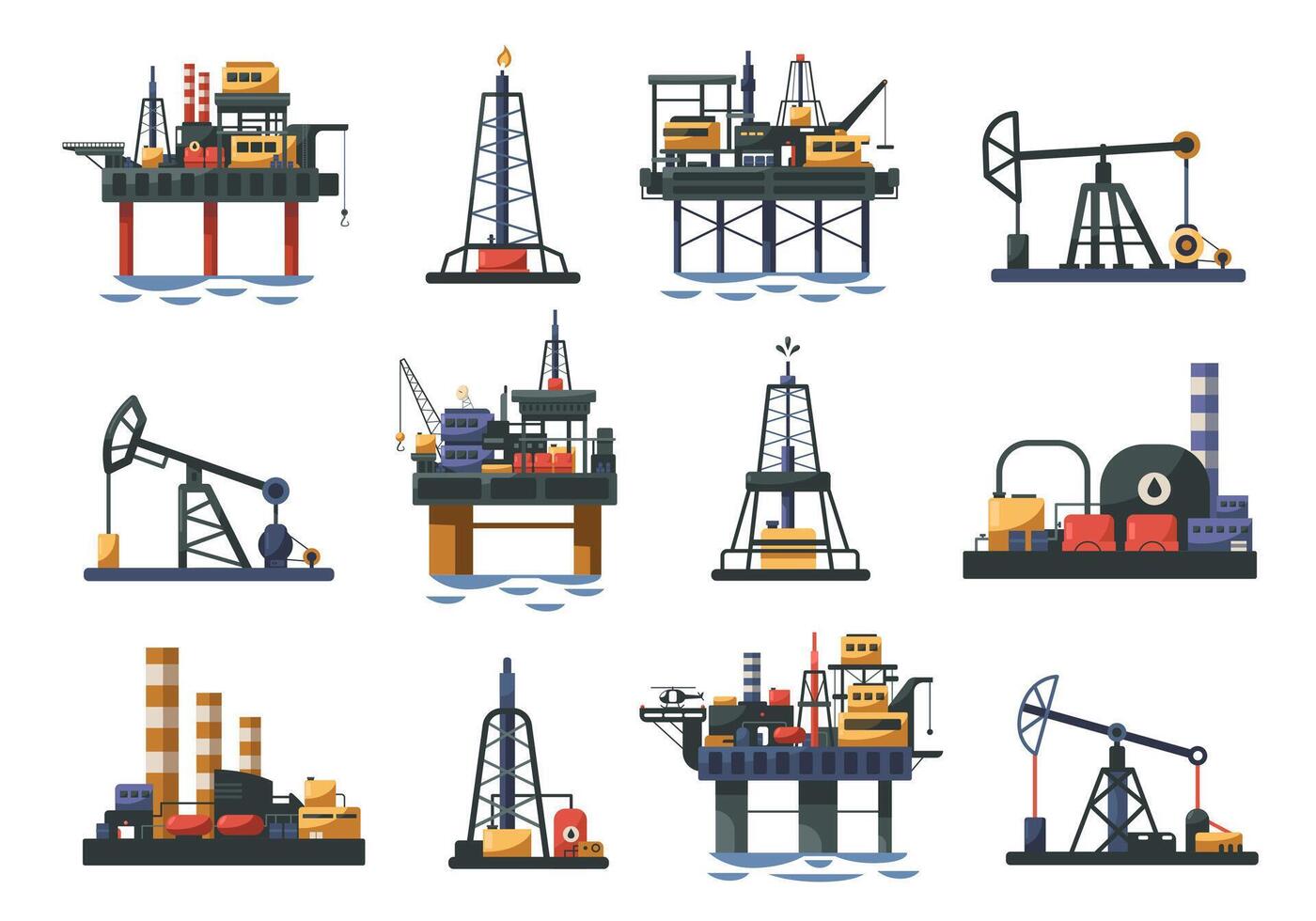 Oil well and rig. Petroleum industry oil pump tower and derrick drilling for crude oil, extraction and transportation of fuel and gas. Vector cartoon set